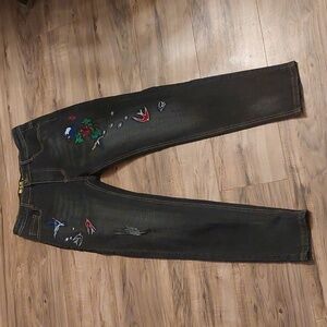 JCW JinChangWang Black Wash Distressed Embroidered High Rise Jeans Sz XS